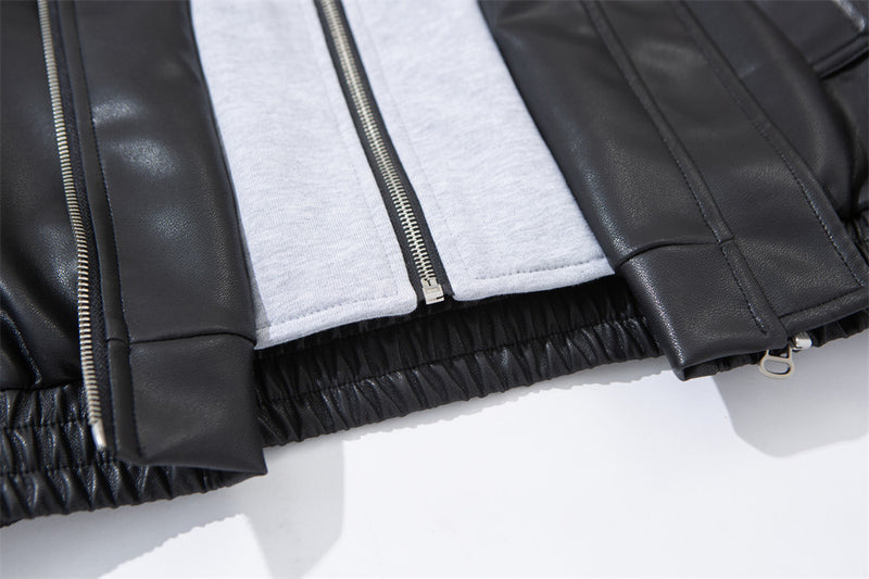 Faux Leather Hooded Bomber Jacket – Layered PU Zip-Up Oversized Coat