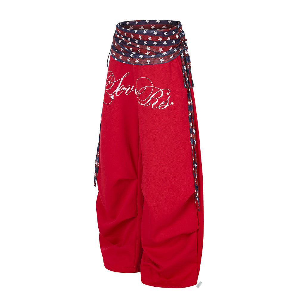 Wide-Leg Star & Stripe Waistband Pants with Side Drawstring Detail