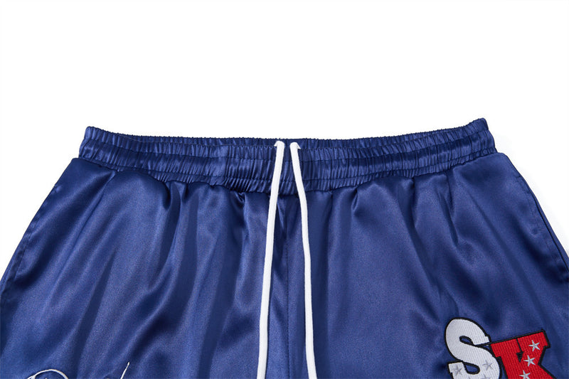 Wide Leg Satin Pants – Signature Print, Elastic Drawstring Waist