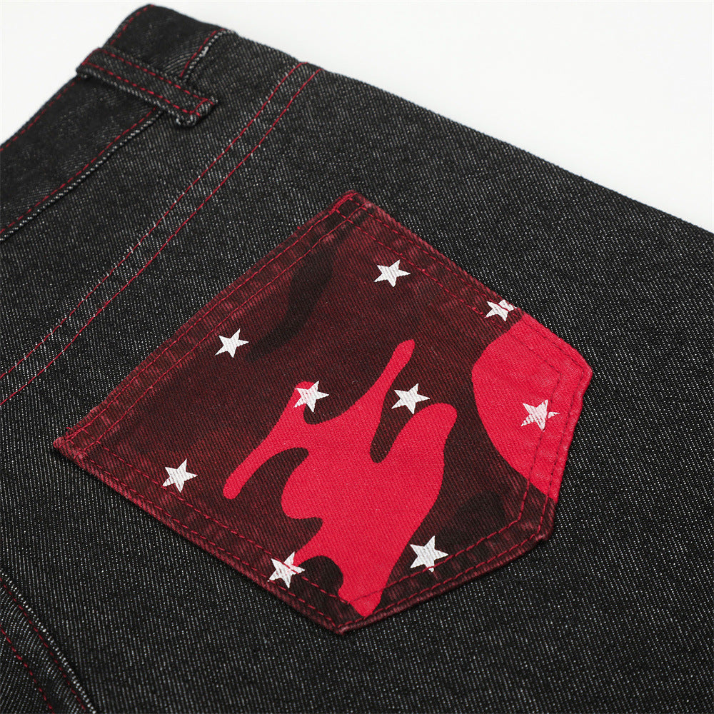 Wide-Leg Barrel Jeans – Men's High-Street Curved Silhouette with Red Stitching