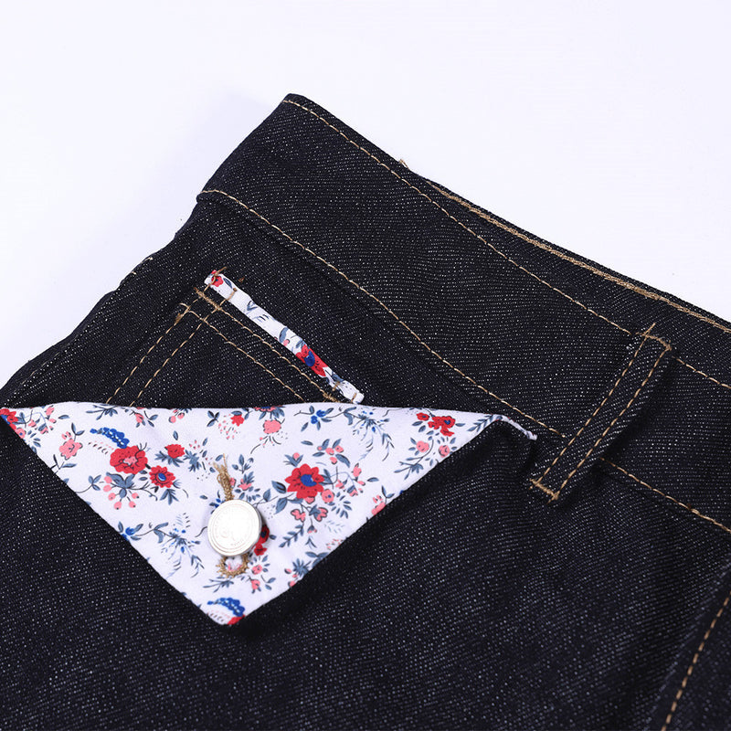RHNDE Dark Wash Wide-Leg Denim Shorts with Floral Pocket Lining