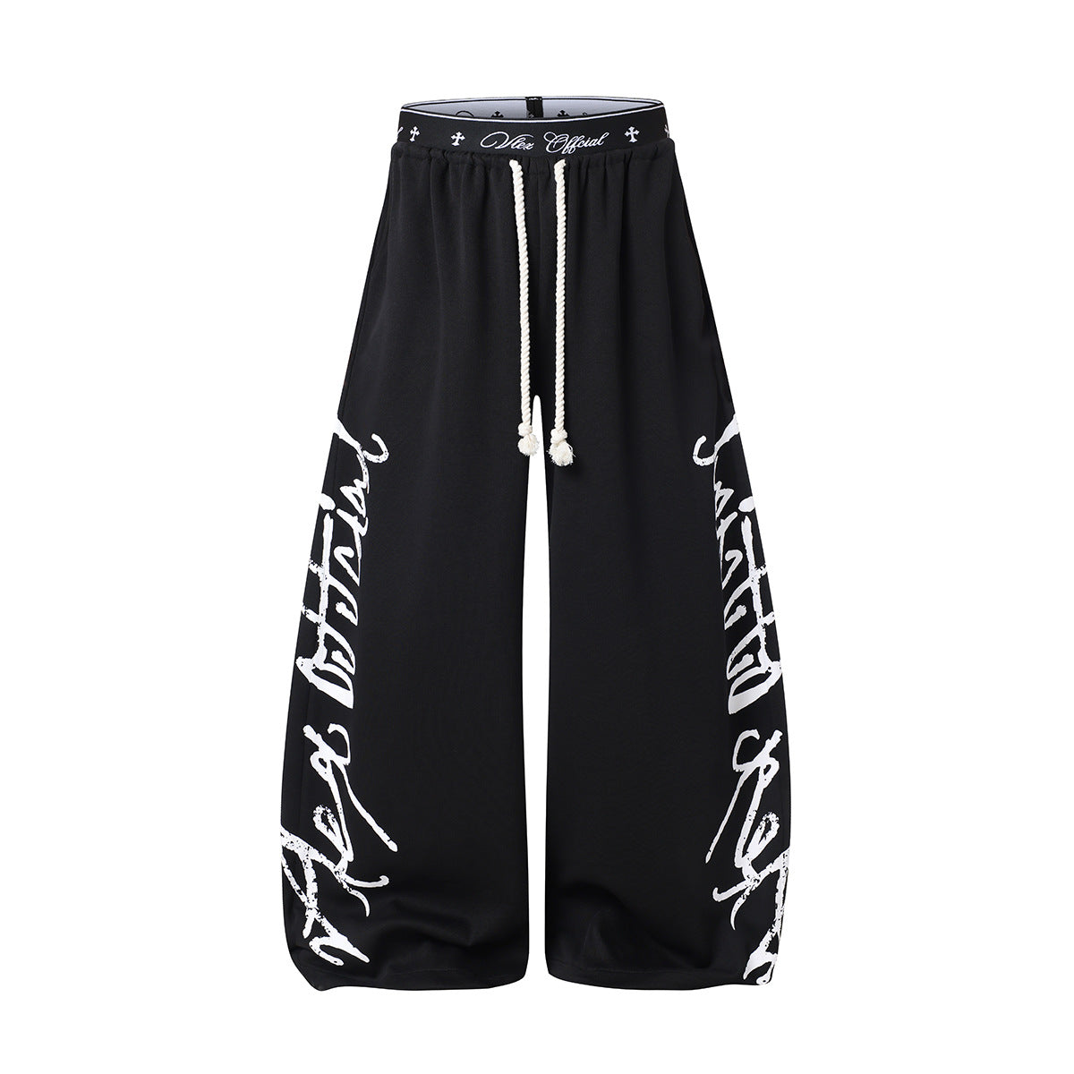 Pantalon de survêtement à jambes larges avec imprimé graffiti cursif et ceinture élastiquée siglée