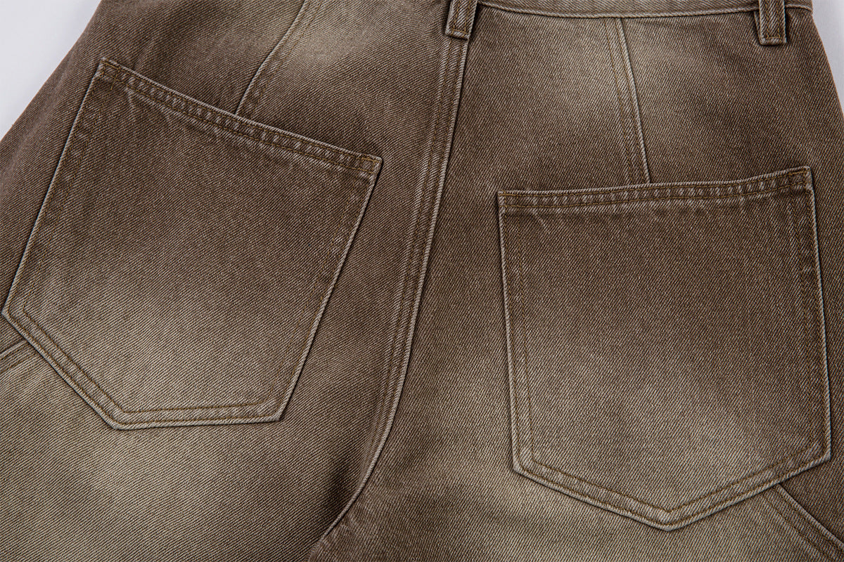 Jean cargo baggy taille haute – Denim marron délavé à jambes larges et coutures courbes