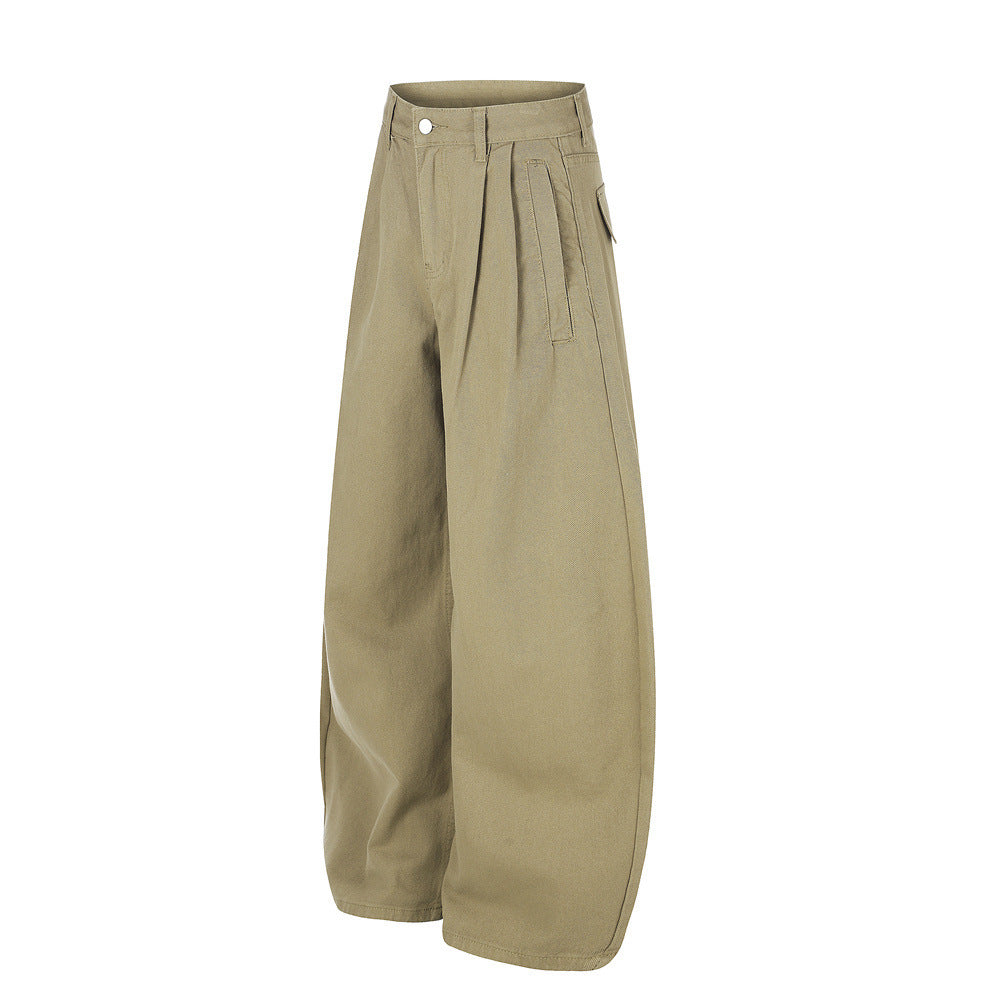 Wide-Leg Pleated Trousers – Curved Barrel Fit with Contrast Stitching