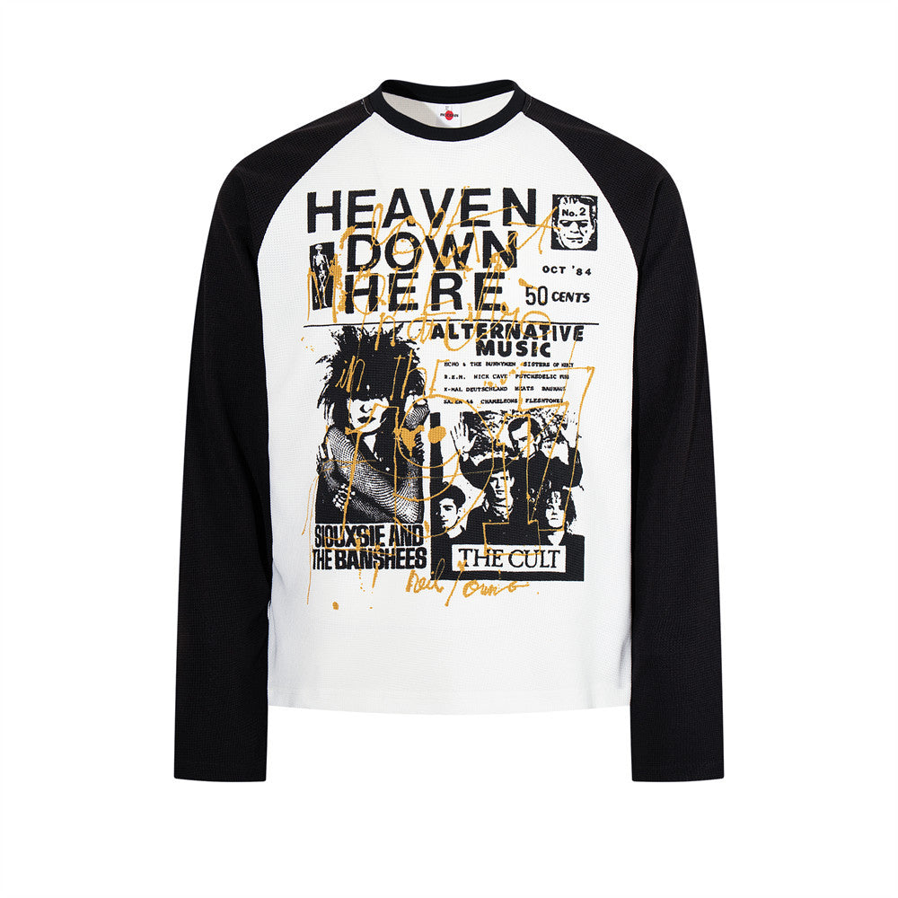 Men's white and black raglan long-sleeve tee with vintage alternative music zine graphic print featuring Siouxsie and the Ban