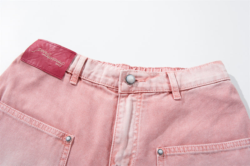 Wide-Leg Carpenter Jeans – Patchwork Studded Pink Washed Denim