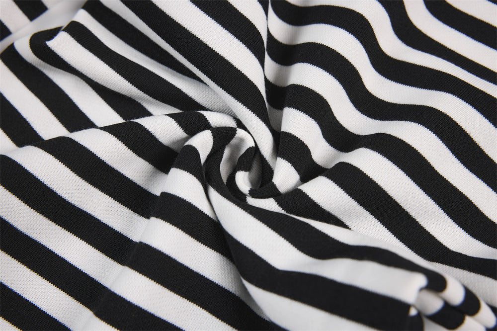 Black & White Striped Wide-Leg Pants with Drawstring Waist