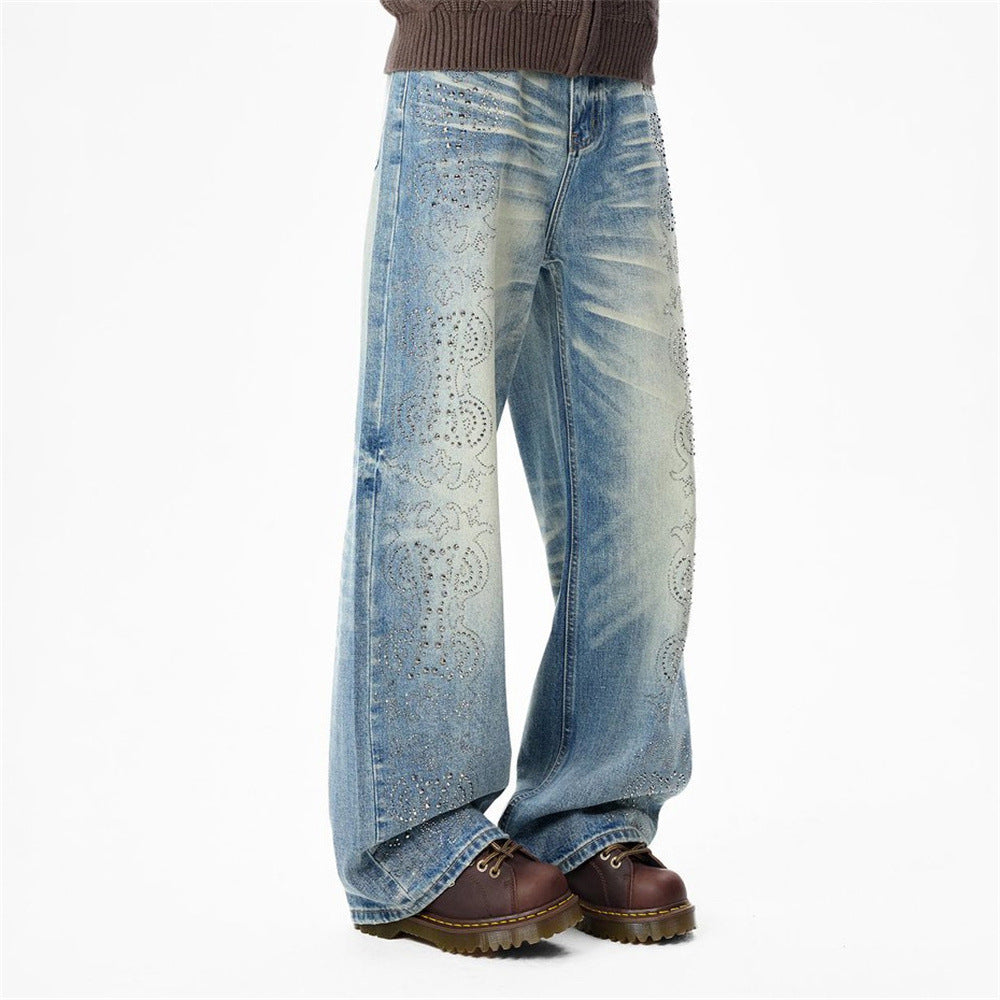 Jean vintage délavé à jambes larges pour homme avec motif cachemire en strass