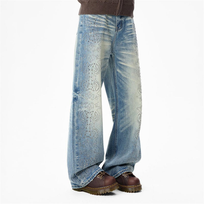 Jean vintage délavé à jambes larges pour homme avec motif cachemire en strass