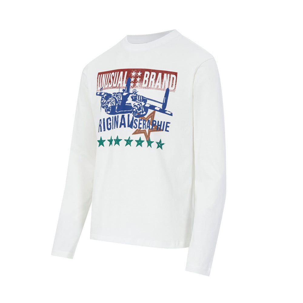Men's Long-Sleeve Graphic T-Shirt with Fighter Jet Print – Relaxed Crew Neck