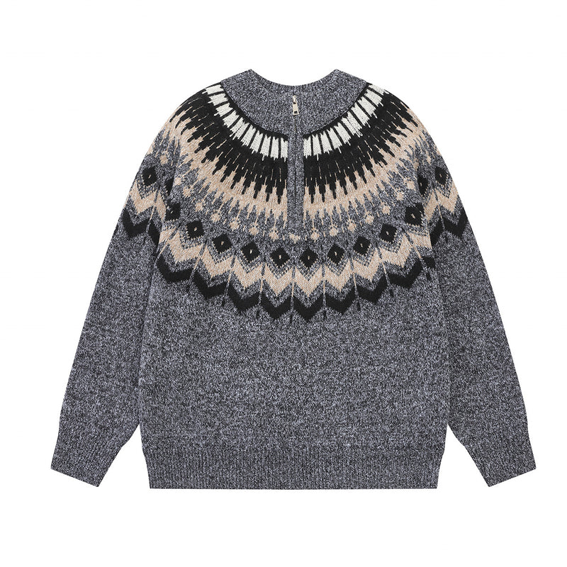 Fair Isle Jacquard Knit Zip-Up Sweater – Vintage Half-Zip Pullover