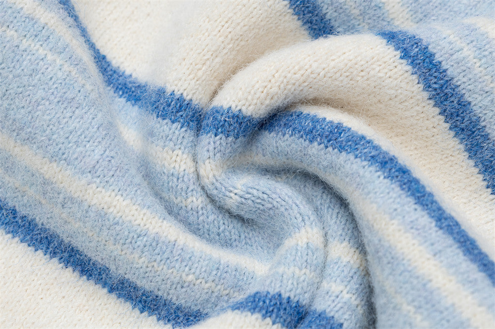 Striped Polo Collar Knit Sweater – Blue & White Horizontal Stripe Pullover