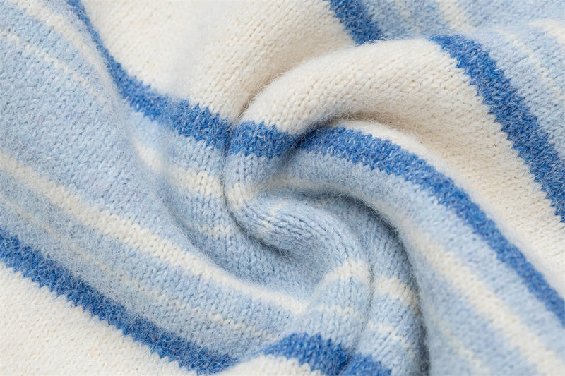 Striped Polo Collar Knit Sweater – Blue & White Horizontal Stripe Pullover