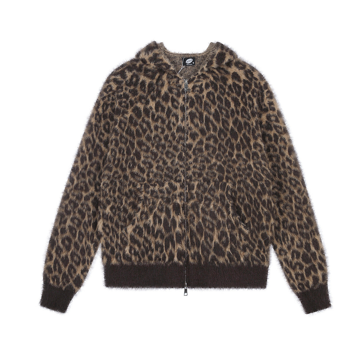 Fuzzy knit zip-up hoodie in all-over brown and tan leopard print with attached hood and dark ribbed cuffs and hem, shown fron
