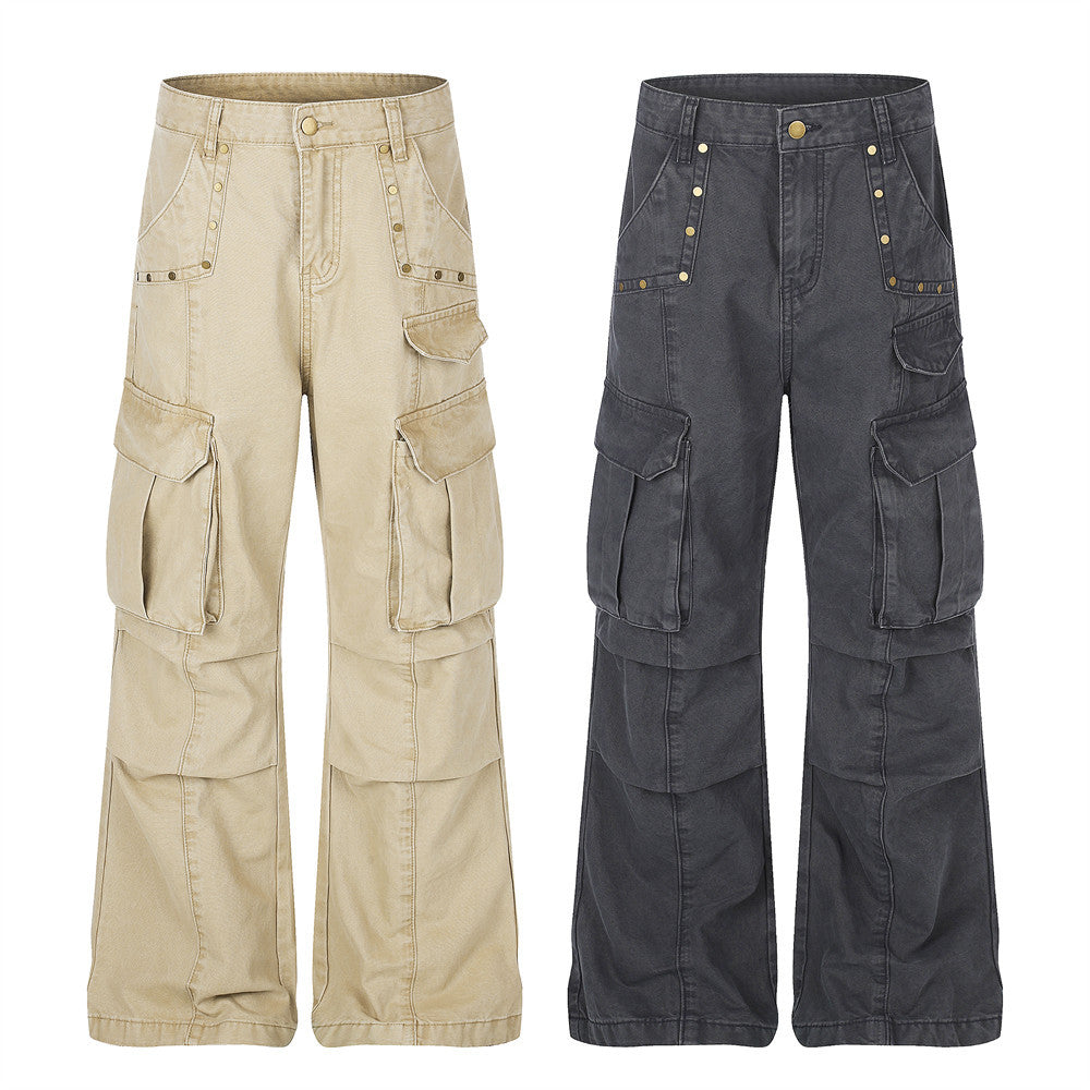 Wide-leg cargo pants shown in beige and black front view with flap pockets and stud details