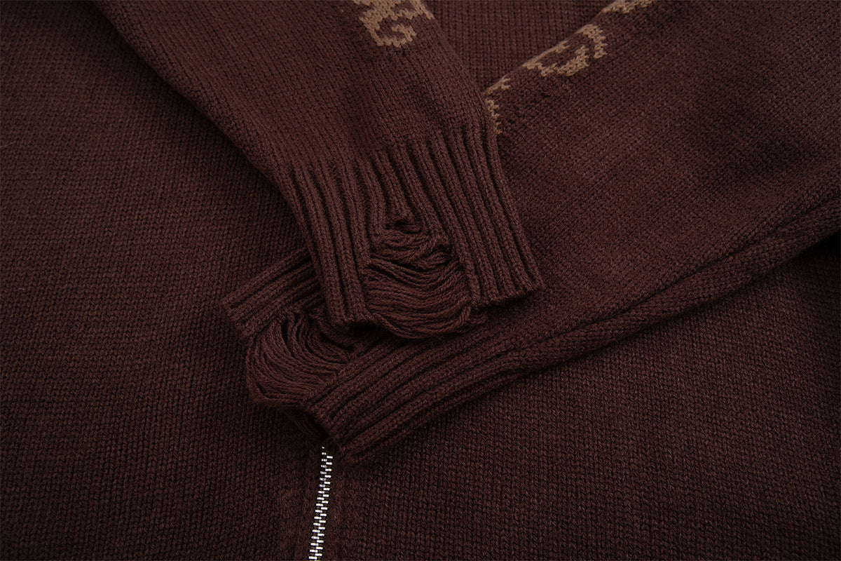 Sudadera de punto con cremallera y cruz gótica – Cárdigan de streetwear americano desgastado