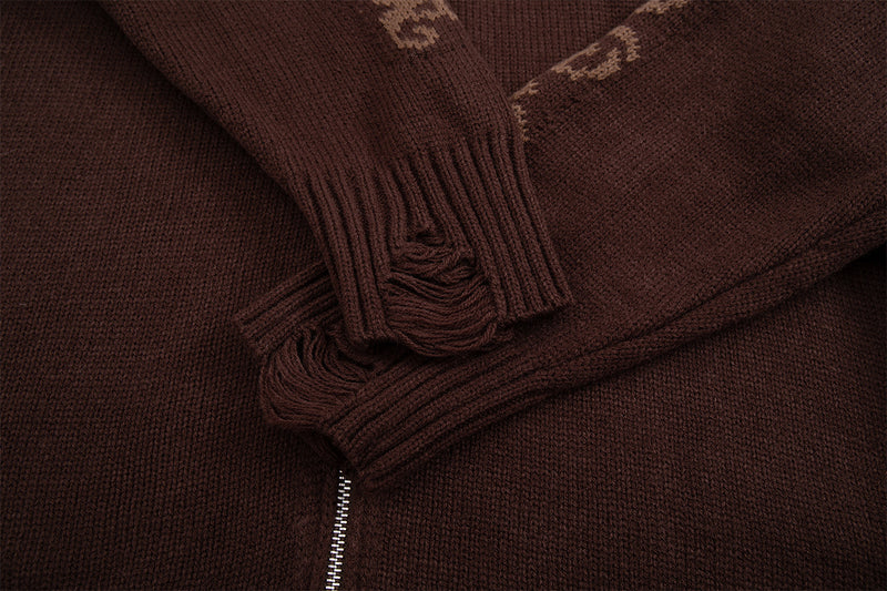 Sudadera de punto con cremallera y cruz gótica – Cárdigan de streetwear americano desgastado