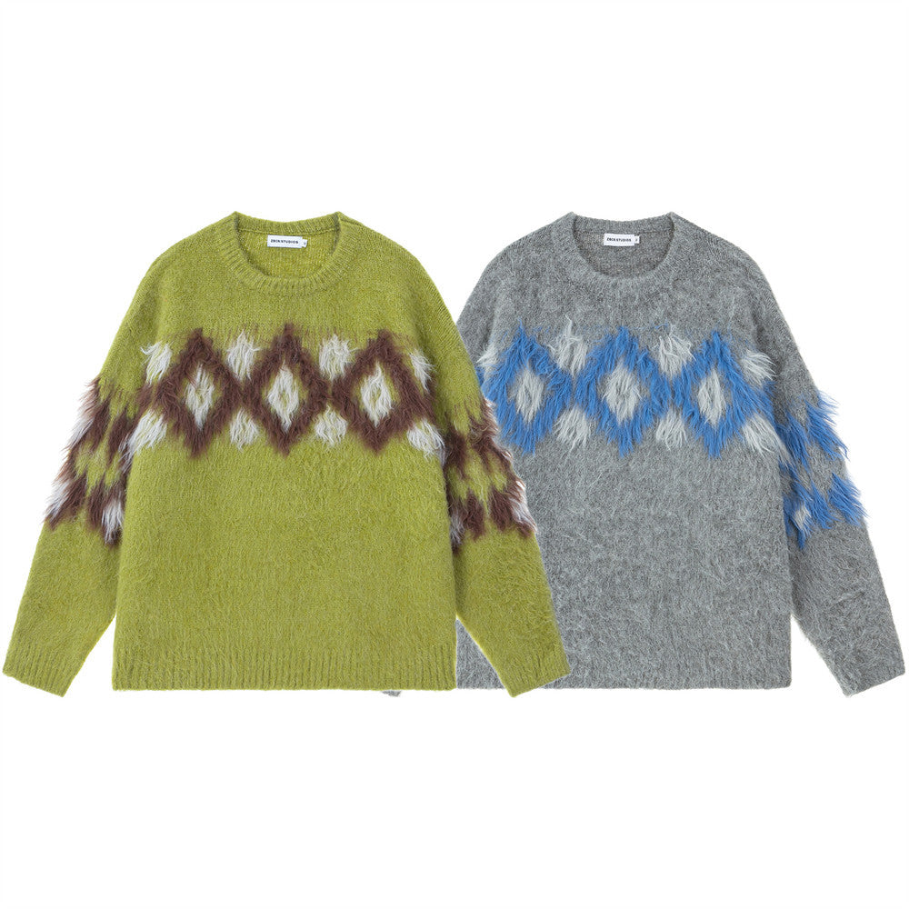 Diamond Jacquard Fringe Crewneck Sweater – Oversized Knit Pullover