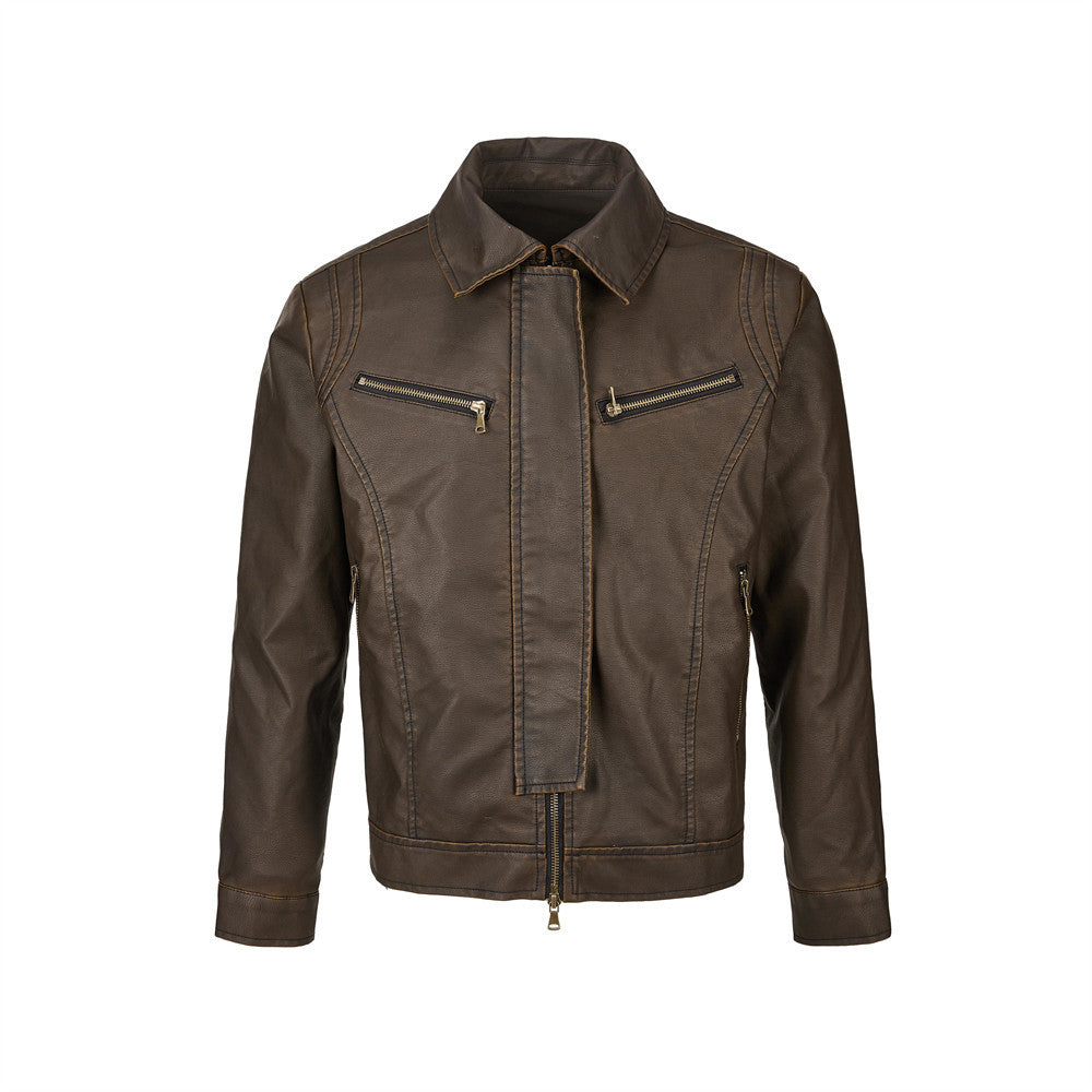 Men's distressed brown PU leather moto jacket with multi-zip chest pockets, antique brass hardware, and point collar