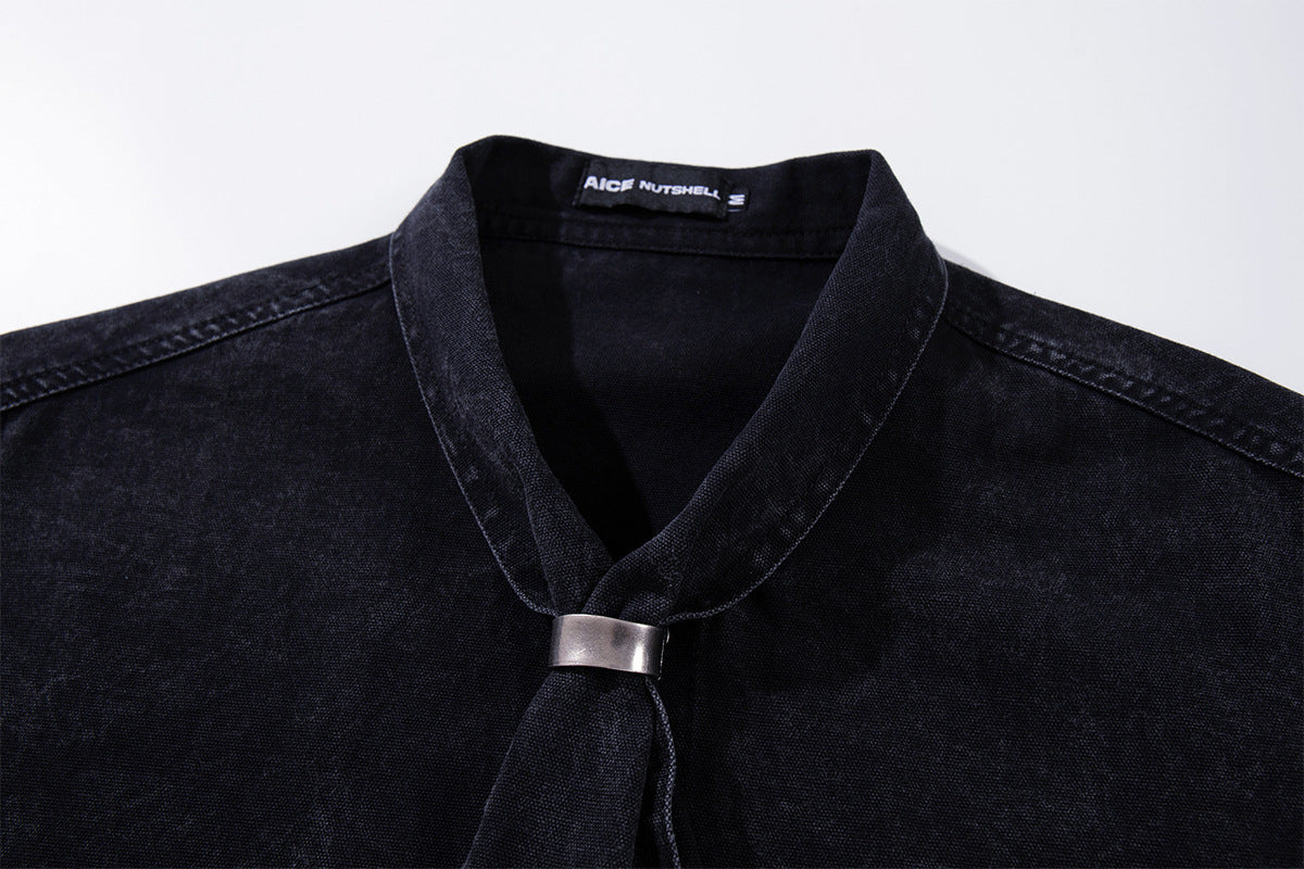 Patchwork Tie Denim Shirt – Vintage Streetwear Button-Up with Detachable Fabric