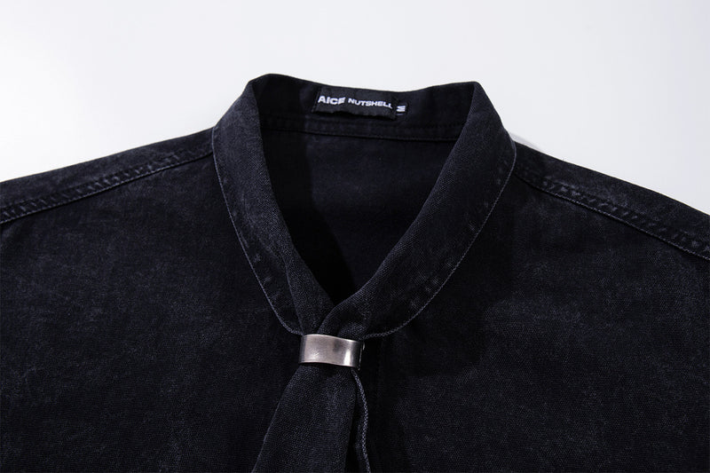 Patchwork Tie Denim Shirt – Vintage Streetwear Button-Up with Detachable Fabric