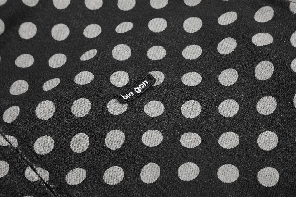 Men's Polka Dot Denim Track Jacket – Stand Collar Full-Zip Retro Streetwear