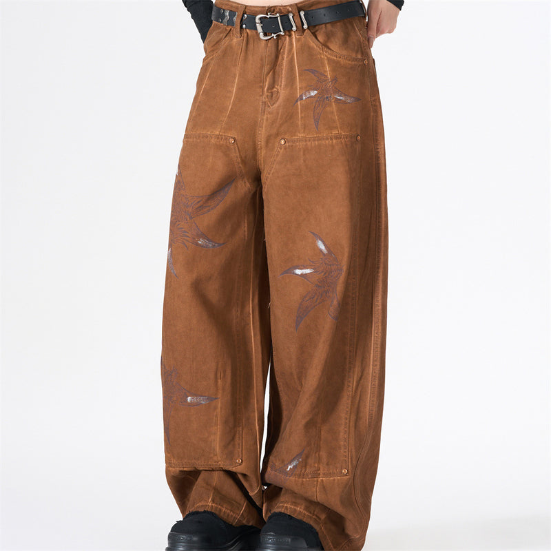 Wide-Leg Cargo Pants – Washed Brown Bird Print, Baggy Fit