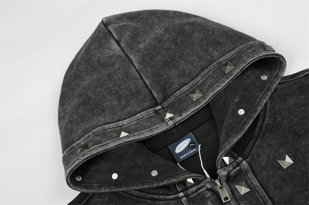 Sudadera con cremallera y lavado ácido con tachuelas piramidales – Estilo heavy metal extragrande