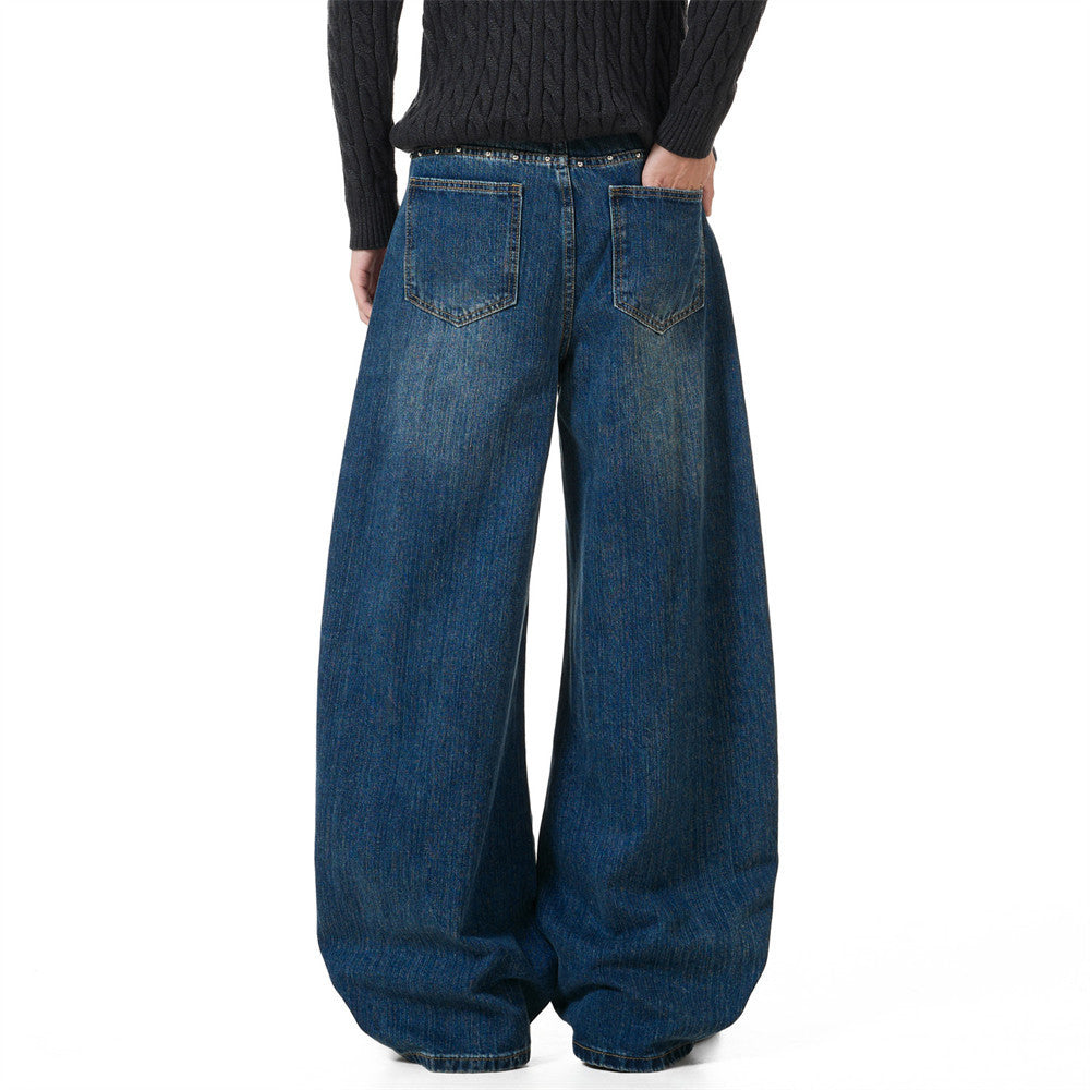 Men's Baggy Black Jeans Wide-Leg Rivet Punk Washed Denim Pants
