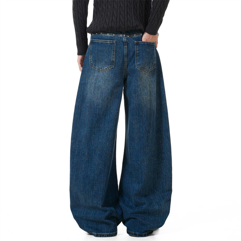 Men's Baggy Black Jeans Wide-Leg Rivet Punk Washed Denim Pants