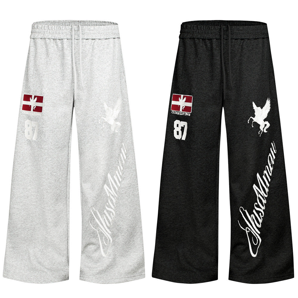 Wide-Leg Sweatpants with Pegasus Embroidery & Letter Patch – Men's Streetwear