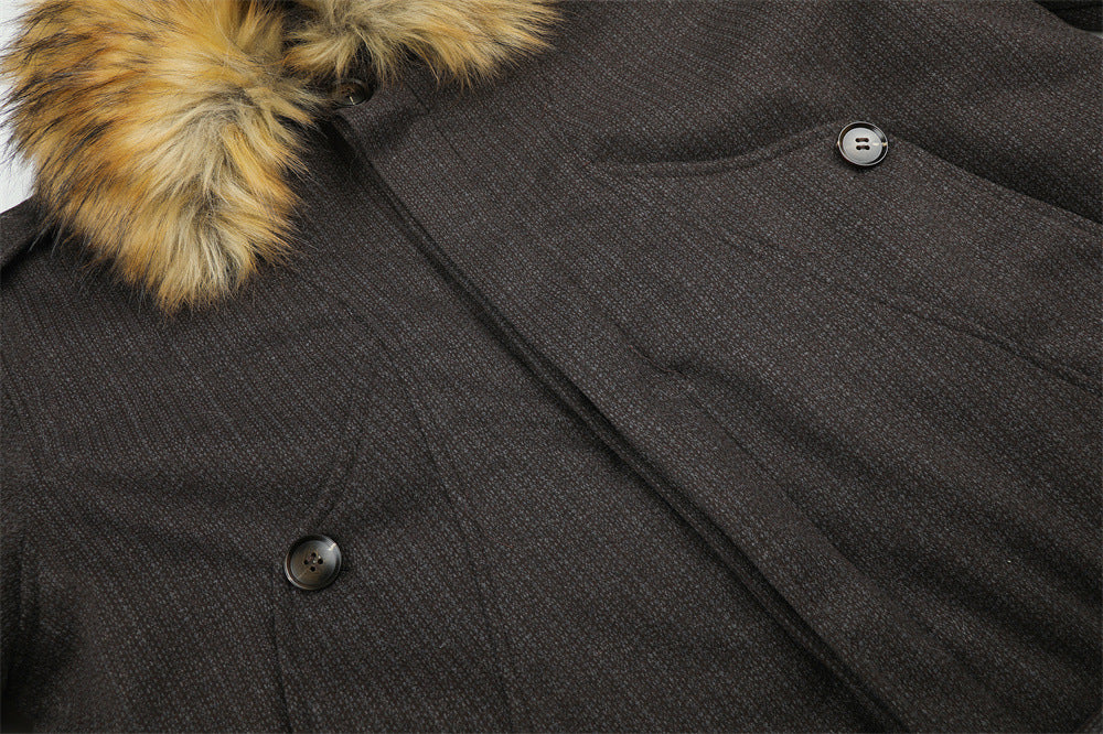 Men's Oversized Cotton Jacket with Detachable Faux Fur Collar
