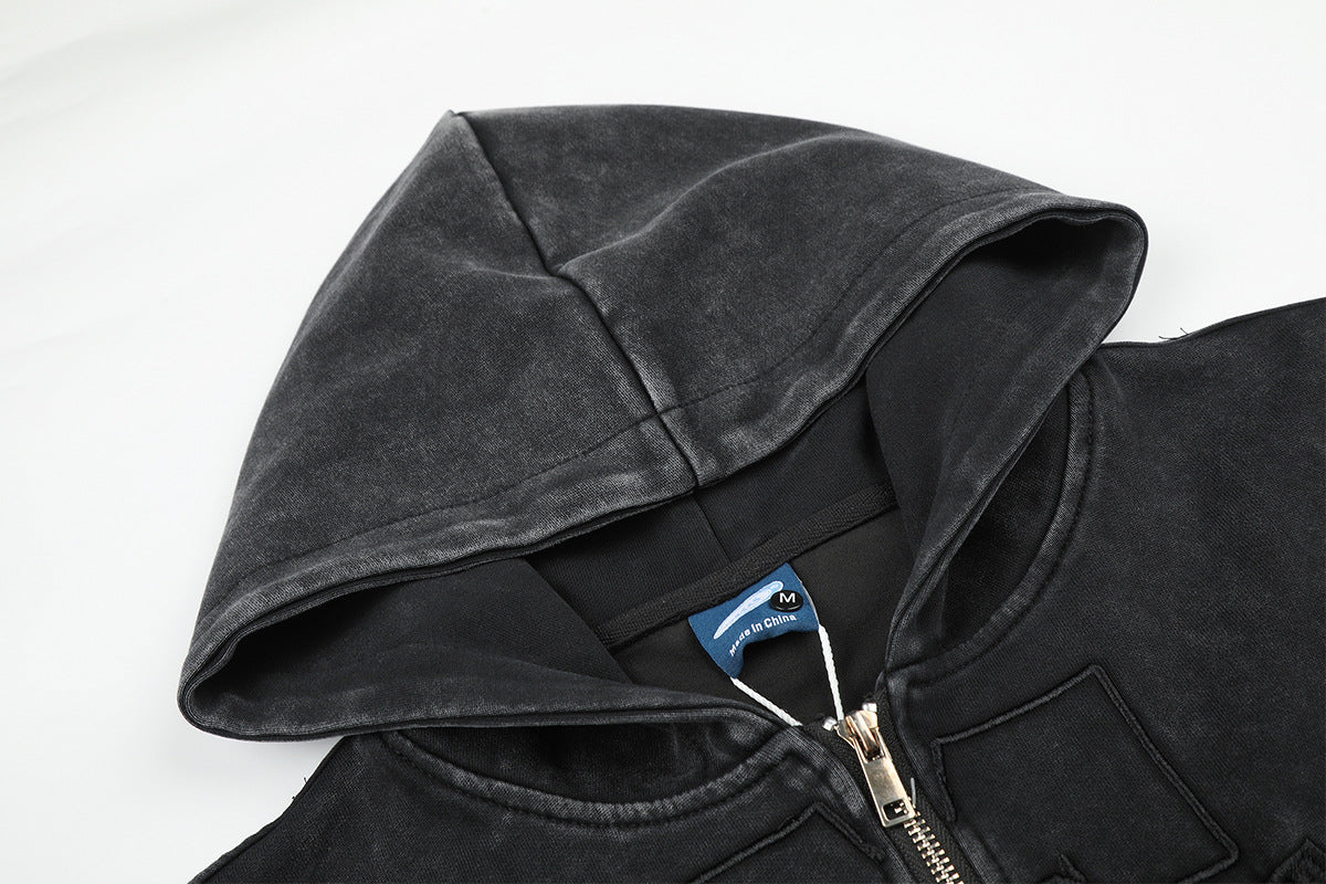 Sudadera con capucha y cremallera de lavado ácido con paneles de camuflaje – Chaqueta streetwear oversize con cruz