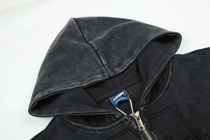 Sudadera con capucha y cremallera de lavado ácido con paneles de camuflaje – Chaqueta streetwear oversize con cruz