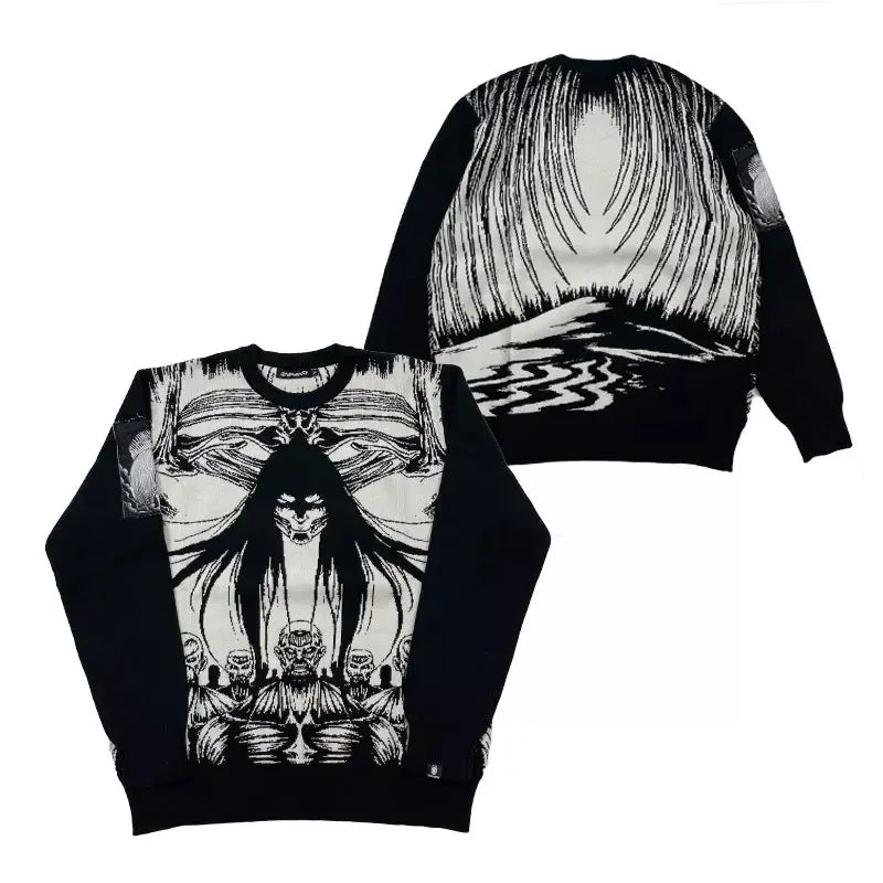 Dark Manga Horror Jacquard Knit Oversized Sweater Black White Graphic