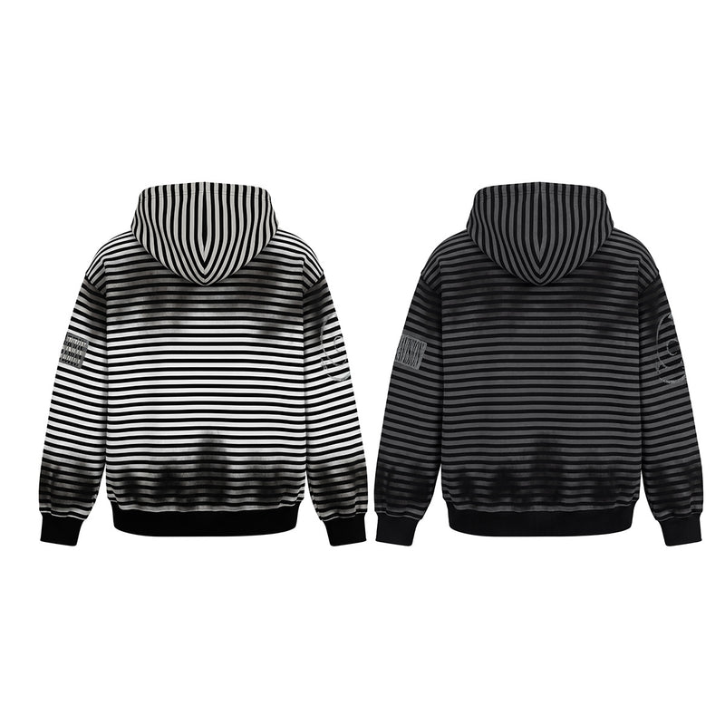 Striped Zip-Up Hoodie – Distressed Dark Streetwear with Music Graphic Print