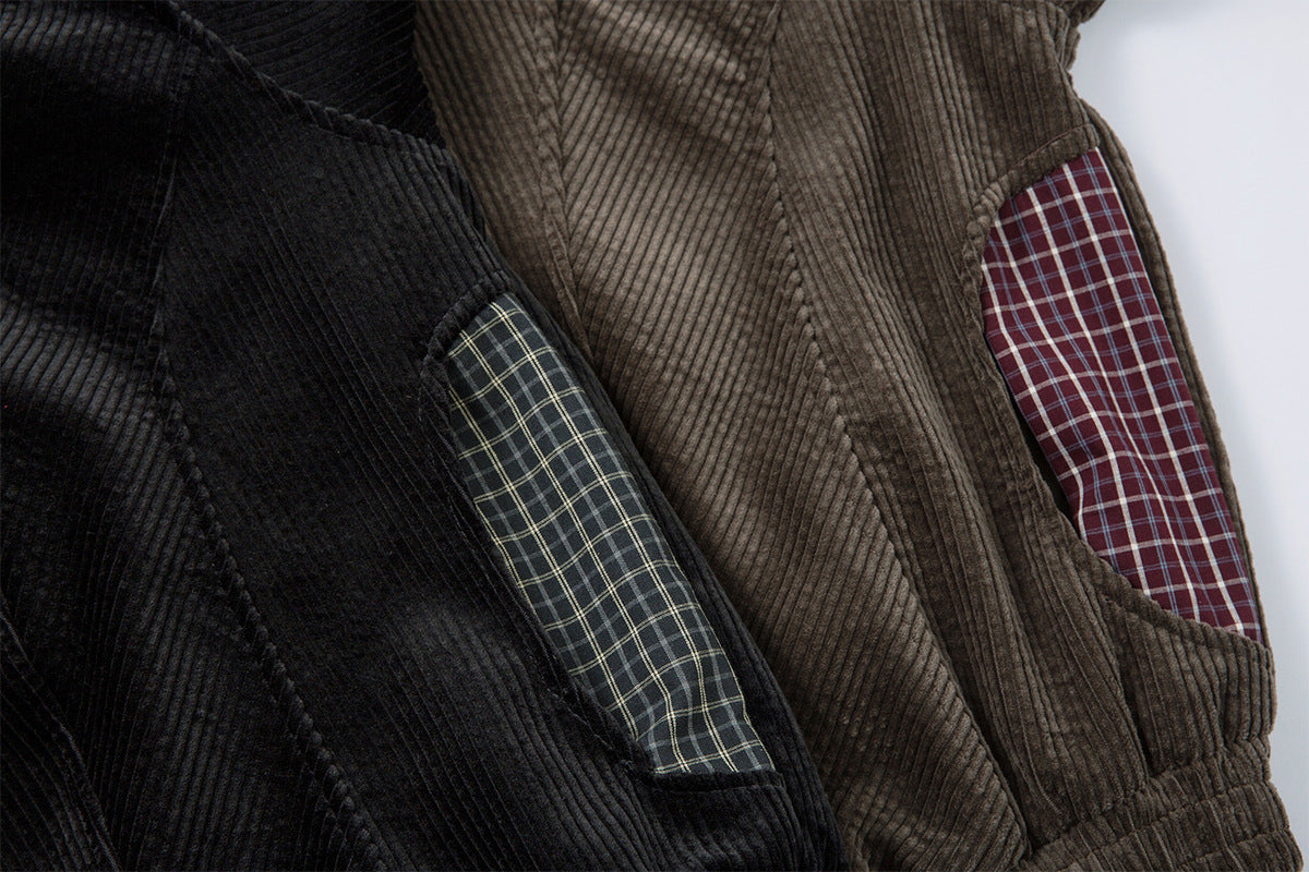 Corduroy Boxy Jacket with Plaid Contrast Lining – Retro American Style