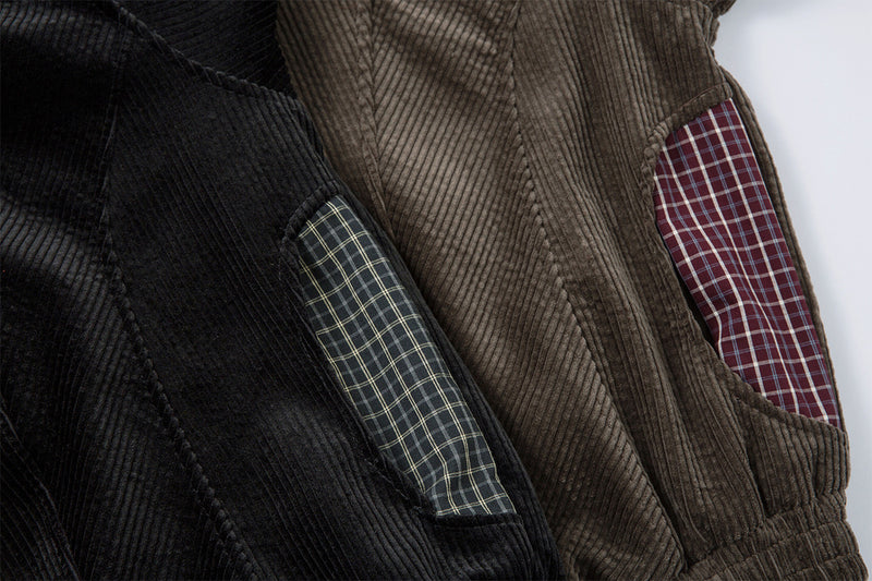 Corduroy Boxy Jacket with Plaid Contrast Lining – Retro American Style