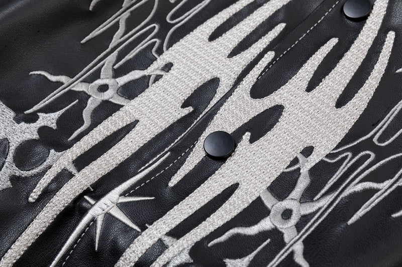 Veste en cuir zippée oversize – Bomber en PU à broderies gothiques tribales