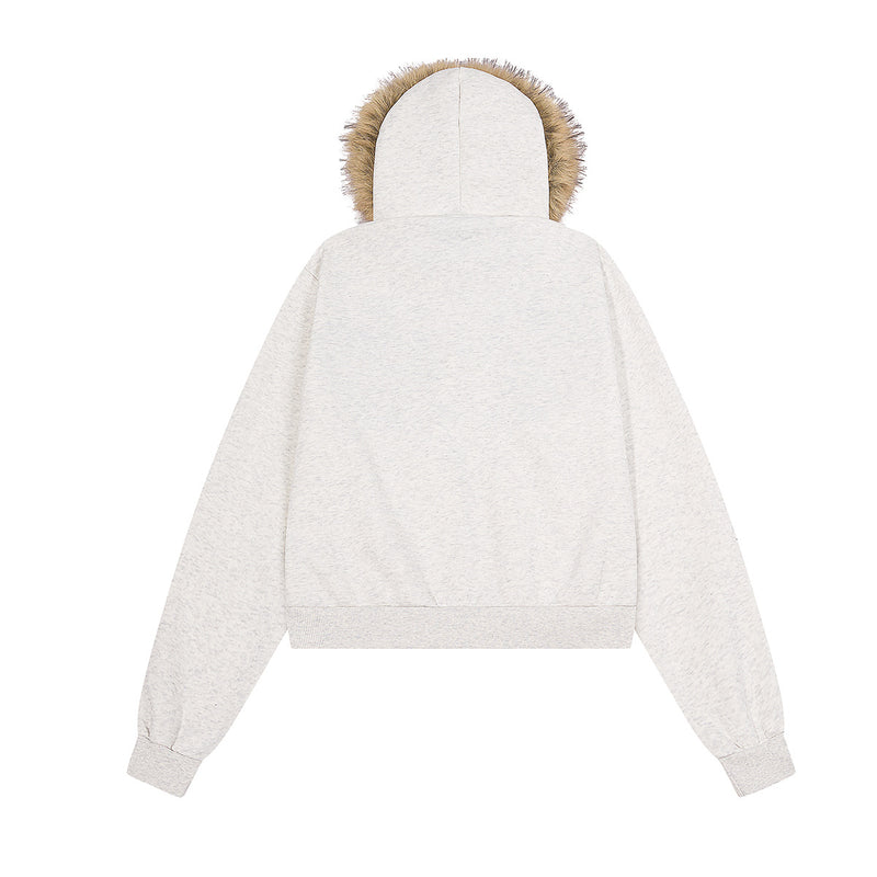 Sweat zippé bordé de fausse fourrure – Cardigan court à motif chiot brodé