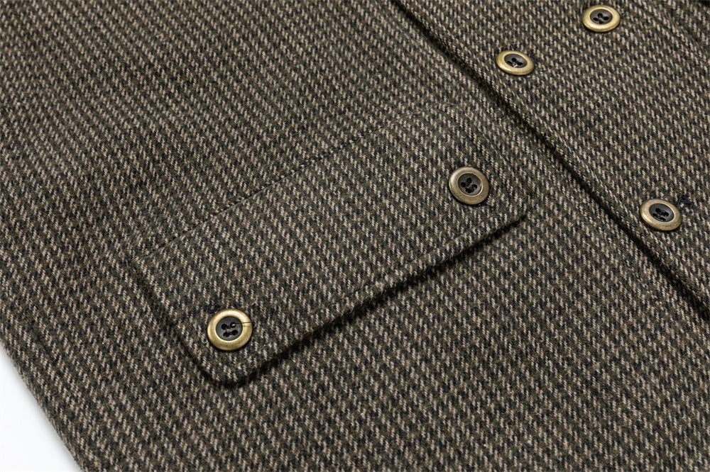 Men's Houndstooth Tweed Jacket – Stand Collar, Multi-Pocket Workwear Coat