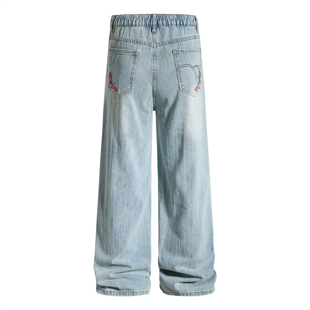 Wide-Leg Washed Denim Jeans with Cross Star Embroidery & Rhinestone Pocket