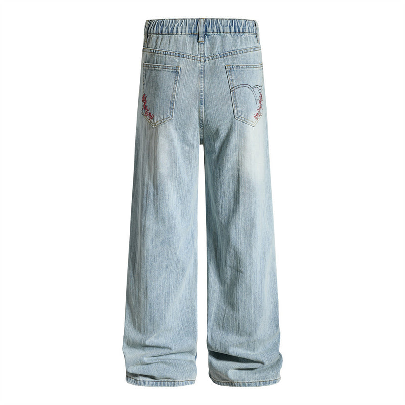 Wide-Leg Washed Denim Jeans with Cross Star Embroidery & Rhinestone Pocket