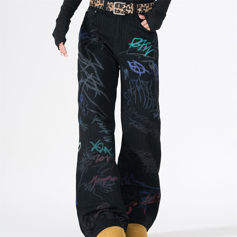 Graffiti Print Pinstripe Wide-Leg Jeans – Relaxed Straight Fit