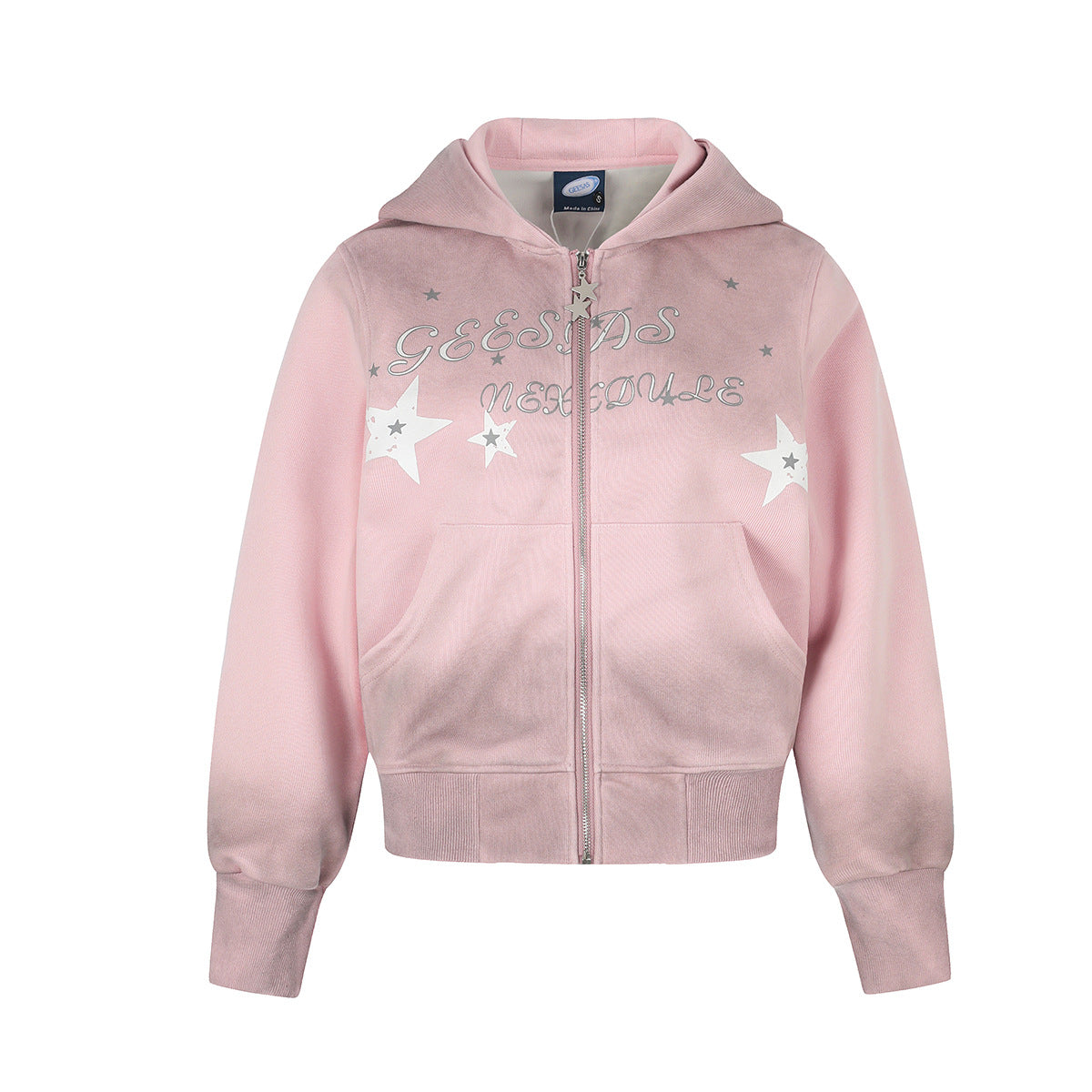 Sweat à capuche zippé oversize rose délavé avec imprimé étoile et lettrage cursif sur la poitrine
