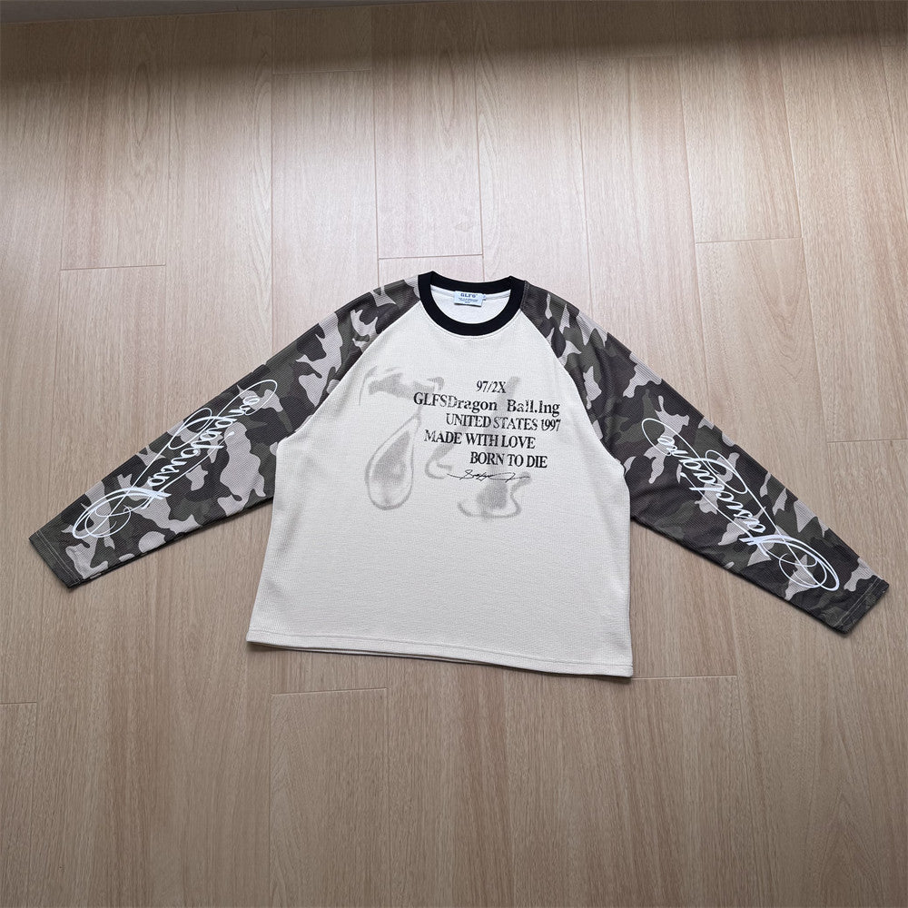 Long Sleeve Waffle Knit Shirt – Camo Raglan Sleeves & Graphic Print