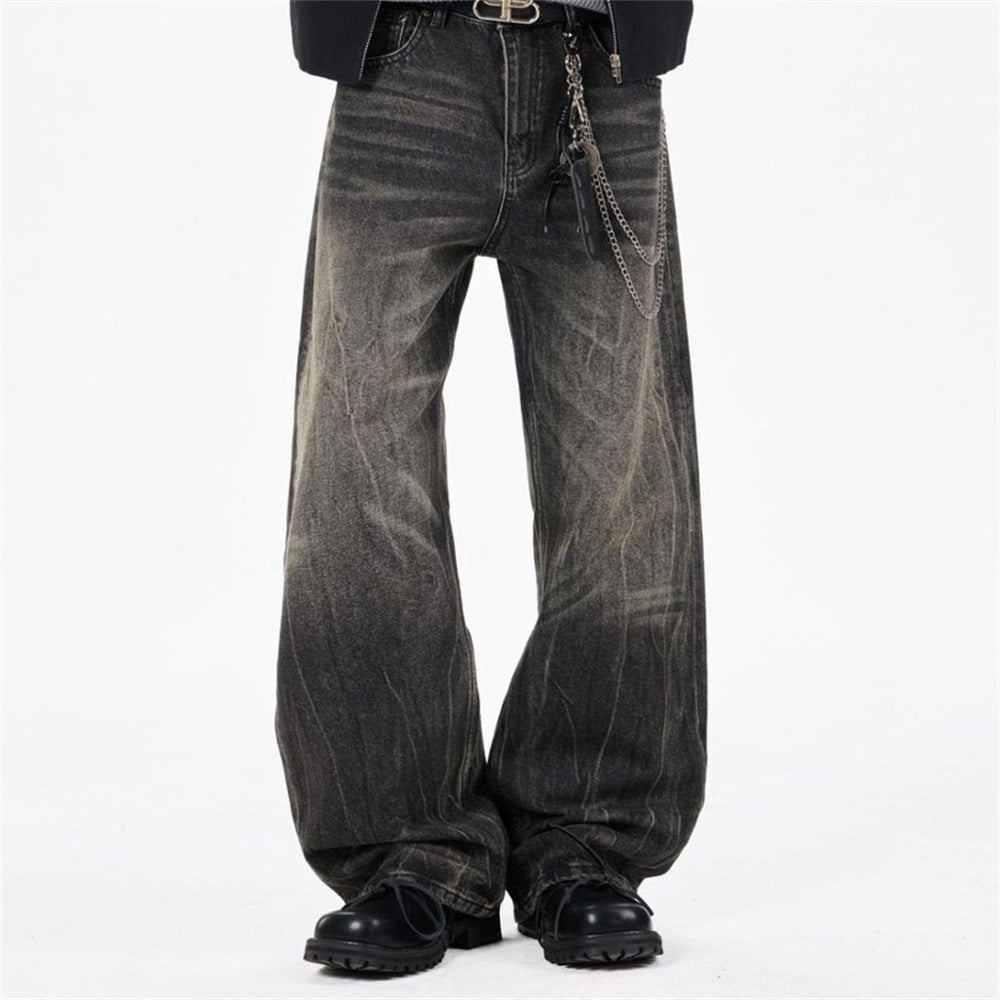 Baggy Straight Leg Jeans – Men's Vintage Washed Distressed Black Wide-Leg Denim