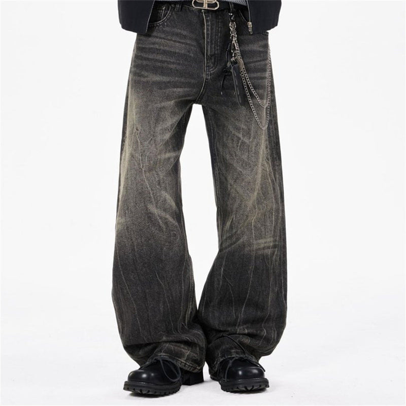 Baggy Straight Leg Jeans – Men's Vintage Washed Distressed Black Wide-Leg Denim