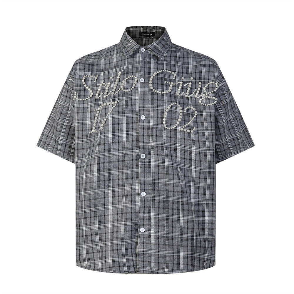 Oversized Plaid Short Sleeve Shirt with Pearl Bead Script Detail