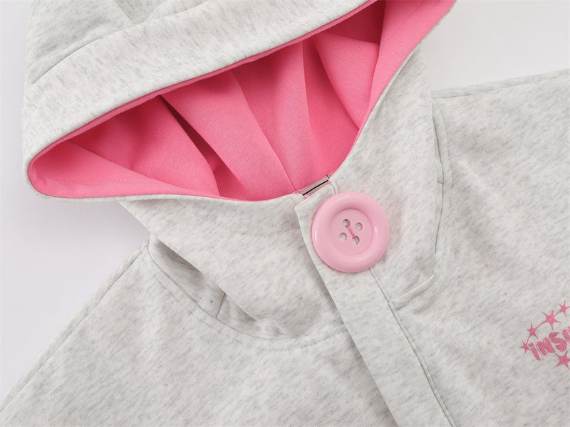 Demon Horn Hoodie – Oversized Button-Front Sweatshirt with 3-Stripe Sleeve